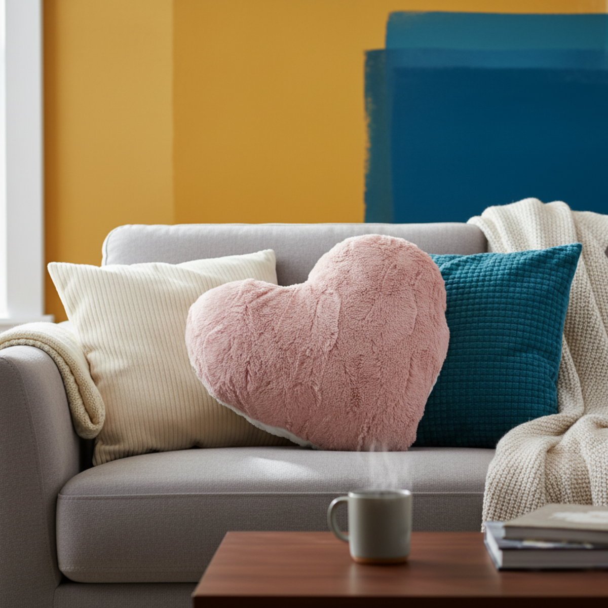 Tache Faux Fur Pink White Heart Shape Throw Pillow (#7)