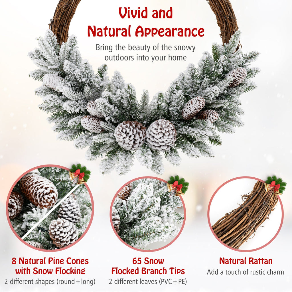 Pre-lit Snow Flocked Artificial Christmas Wreath with 8 Pine Cones and 35 LED Lights