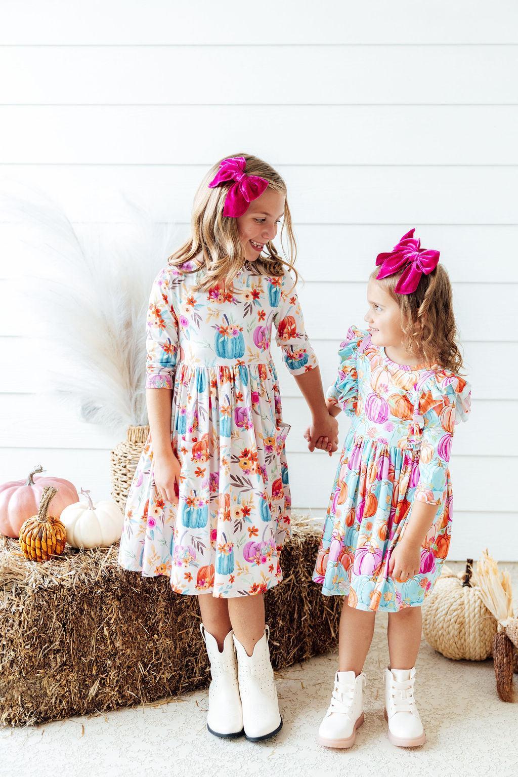 Preppy Pumpkins 3/4 Sleeve Ruffle Twirl Dress