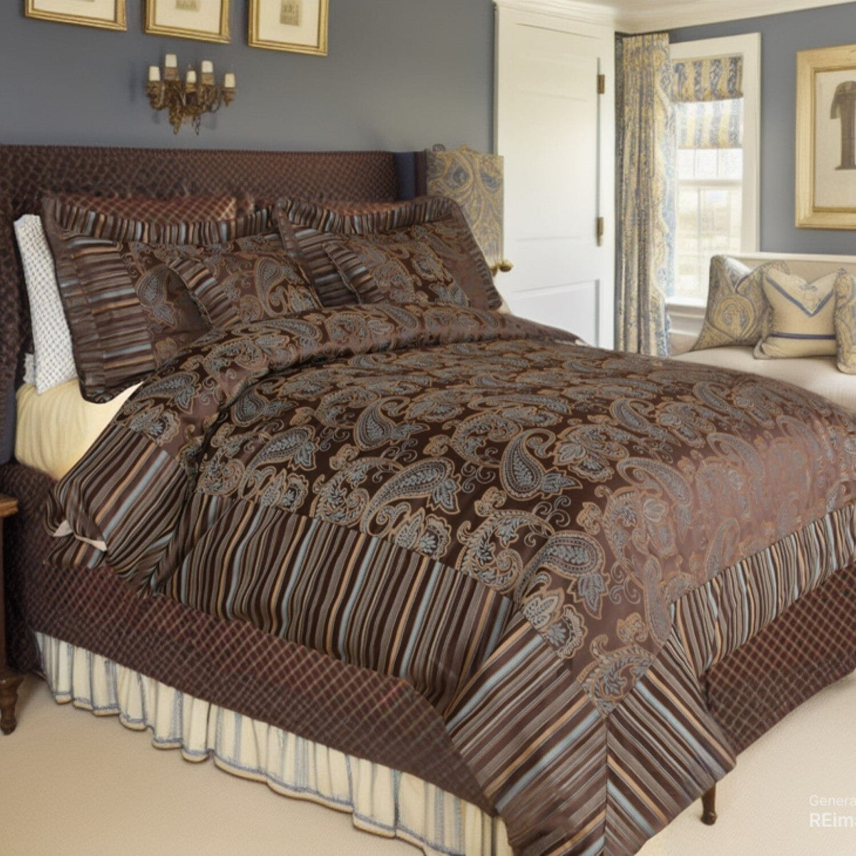 Tache Chenille Elegant Paisley Floral Striped Brown Blue Eastern Comforter Set With Zipper Cover (14070)
