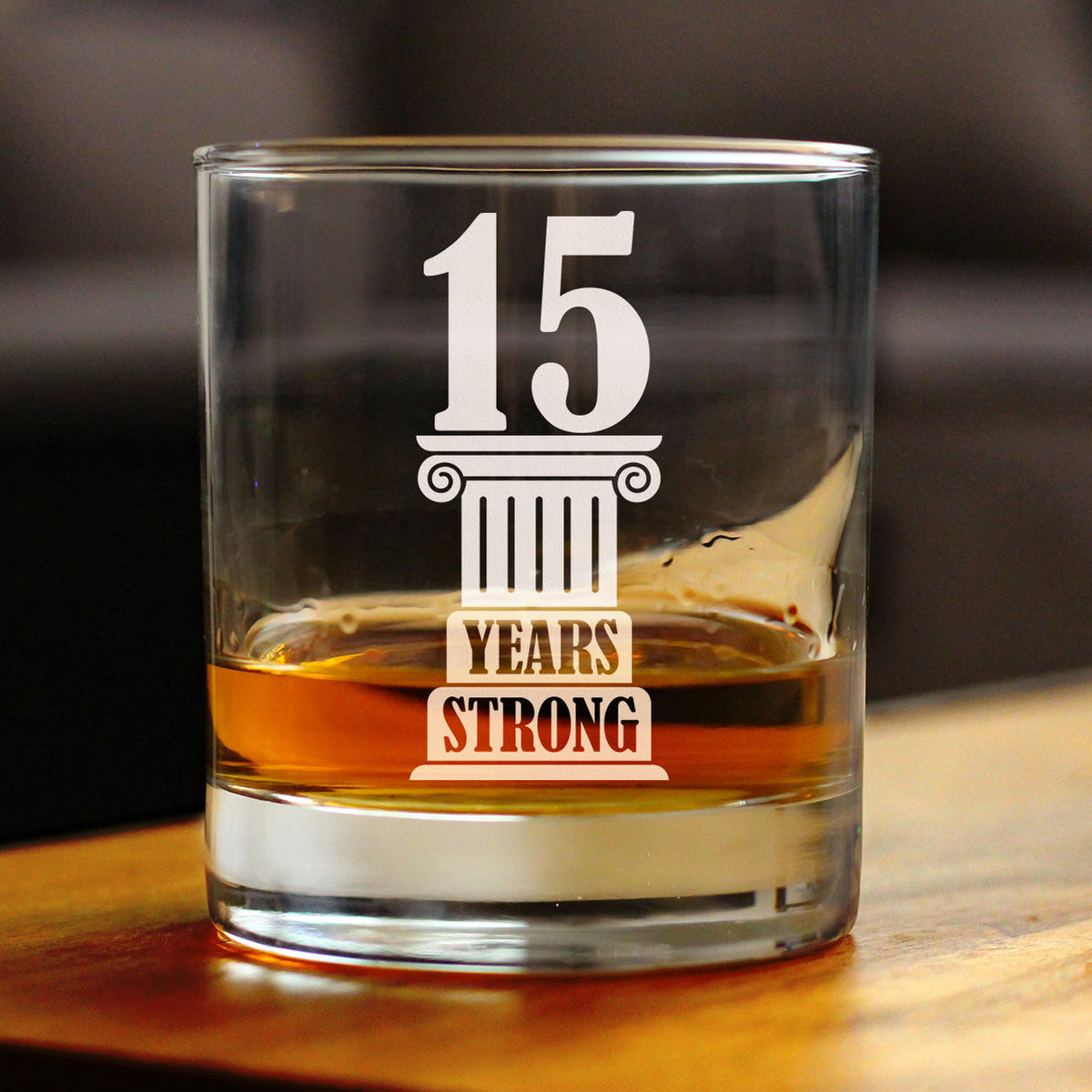 15 Years Strong Engraved Rocks Glass Gifts 15th Anniversary Party Decor Weighted Whiskey Glasses - 10.25 oz