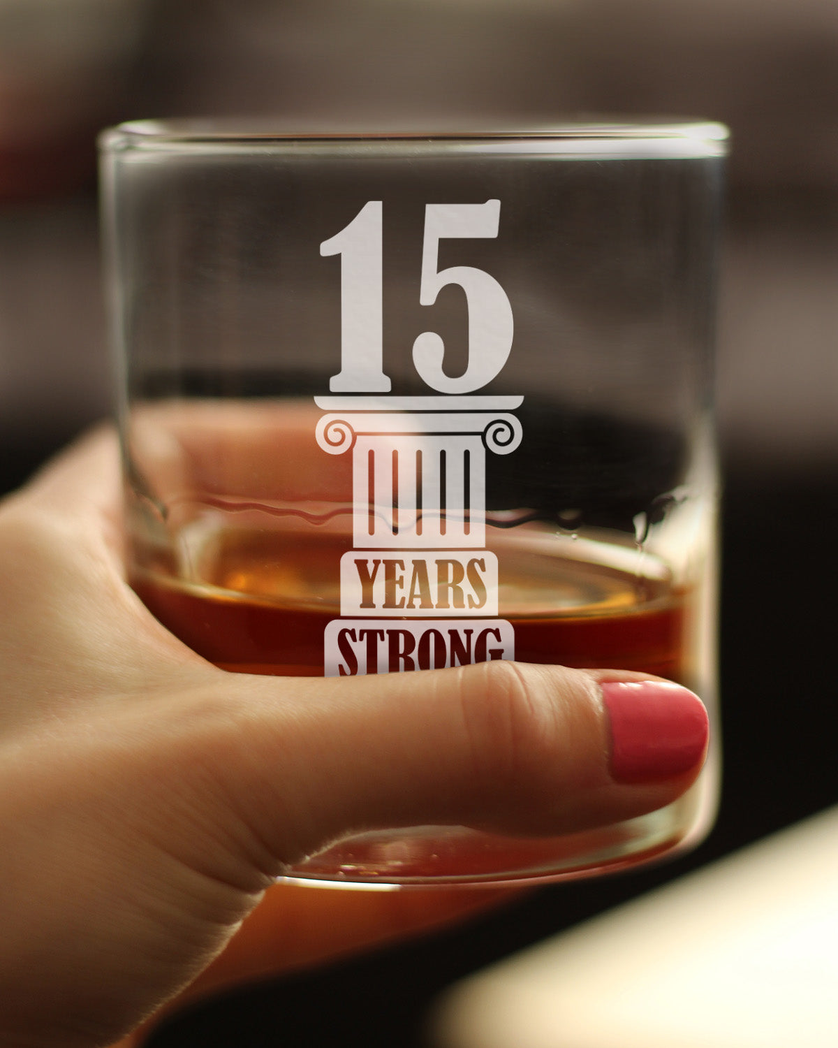 15 Years Strong Engraved Rocks Glass Gifts 15th Anniversary Party Decor Weighted Whiskey Glasses - 10.25 oz