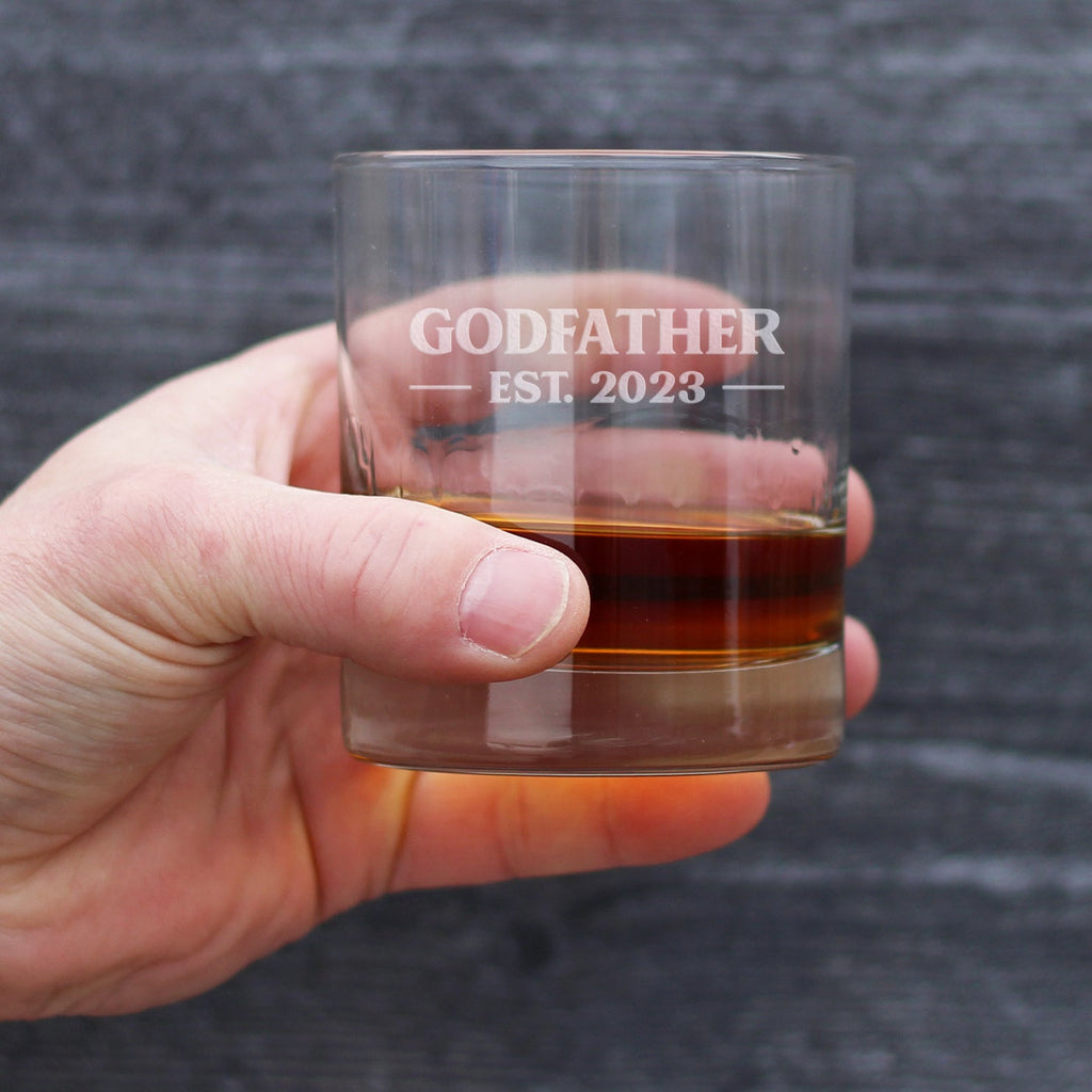 Godfather Est. 2023 - Bold - 10 oz Rocks Glass or Old Fashioned Glass, Etched Sayings, Father's Day Gift, Fun Baby Reveal for Godparents