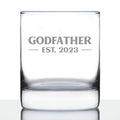 Godfather Est. 2023 - Bold - 10 oz Rocks Glass or Old Fashioned Glass, Etched Sayings, Father's Day Gift, Fun Baby Reveal for Godparents