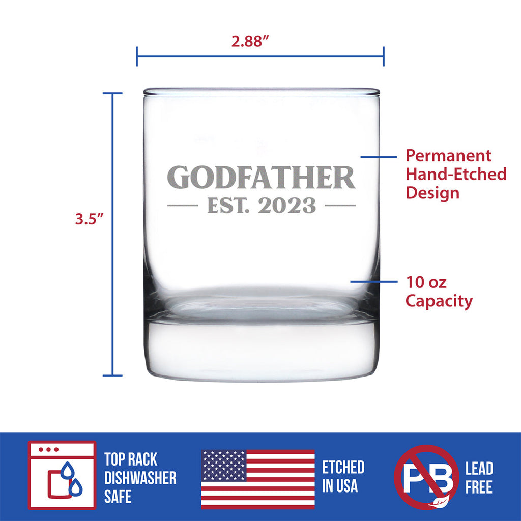 Godfather Est. 2023 - Bold - 10 oz Rocks Glass or Old Fashioned Glass, Etched Sayings, Father's Day Gift, Fun Baby Reveal for Godparents
