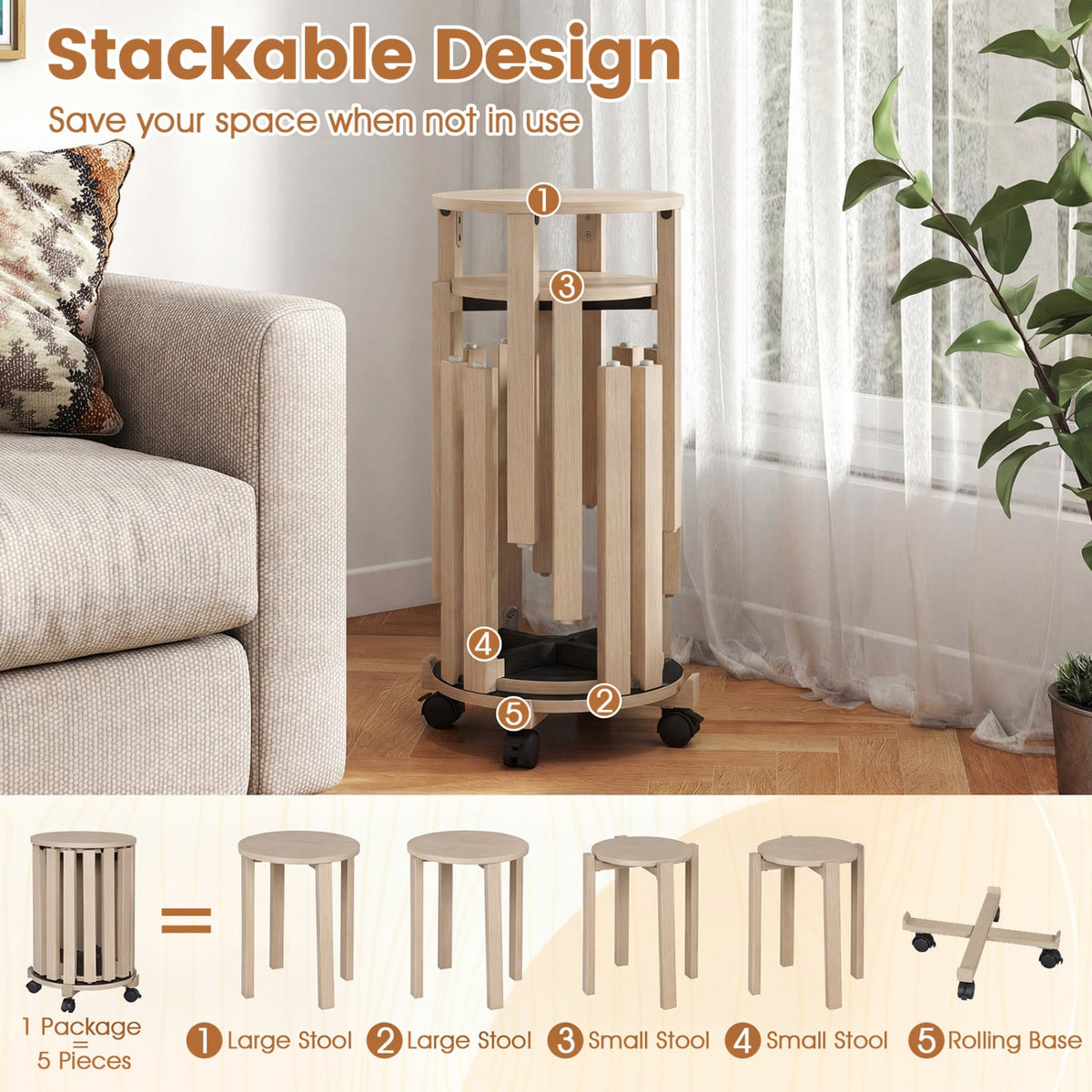 Round Portable Wood Nesting Stools with Locking Casters