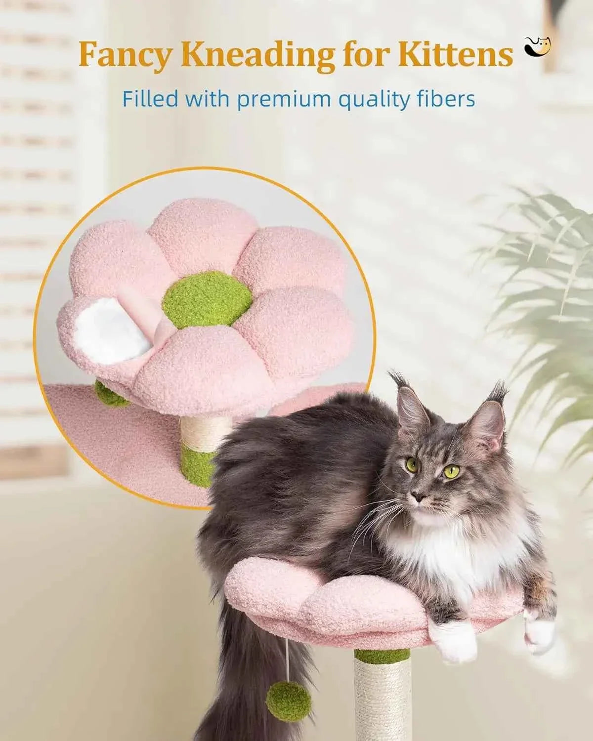 Large Cat Tree with 2-Door Condo – Scratching Posts, Floral Perch & Hammock for Adult Cats (Green/Pink)
