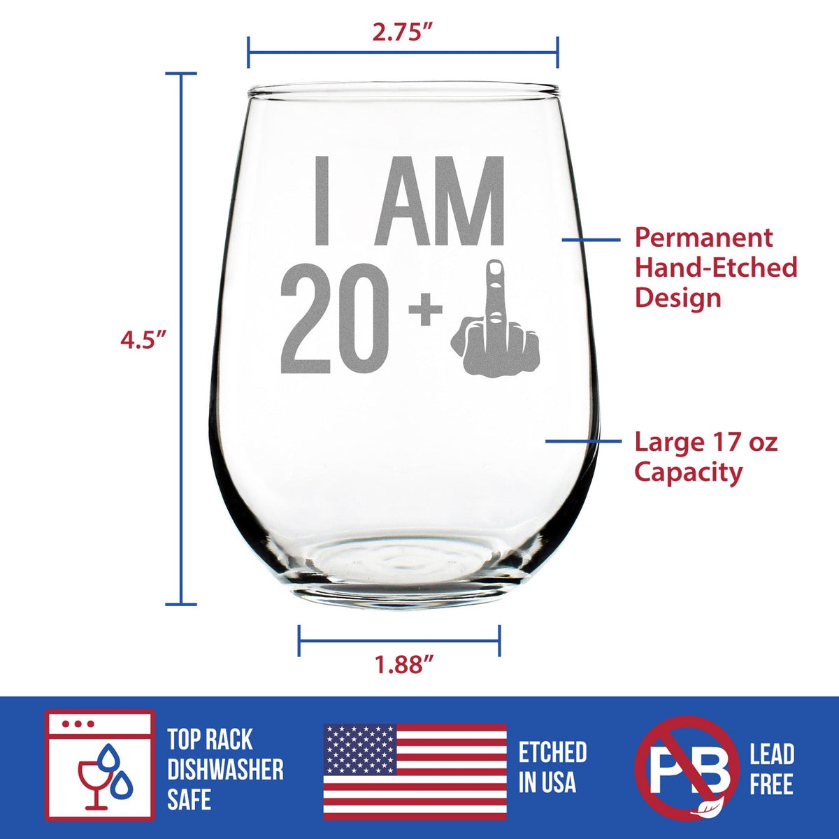 20 + 1 Middle Finger - 21st Birthday Stemless Wine Glass for Women & Men - Cute Funny Bday Glasses for Friends Turning 21