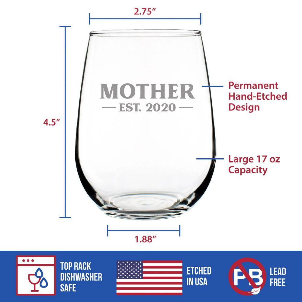 Mother Est 2020 - New Moms Stemless Wine Glass Gift for First Time Mommy - Bold Large 17 Oz Glasses