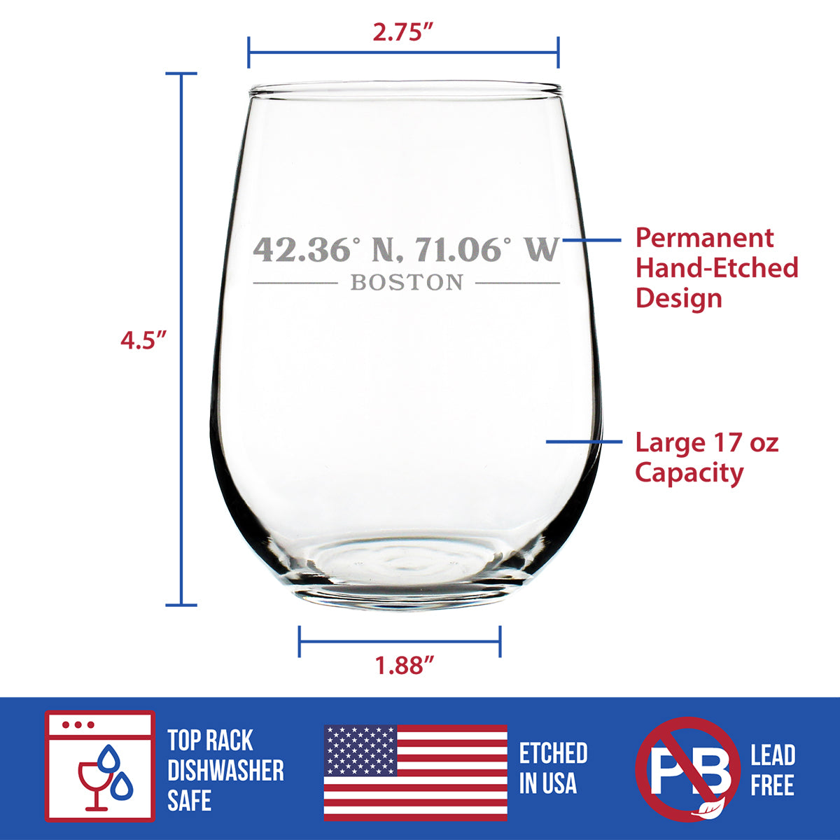 Boston Coordinates - 17 Ounce Stemless Wine Glass
