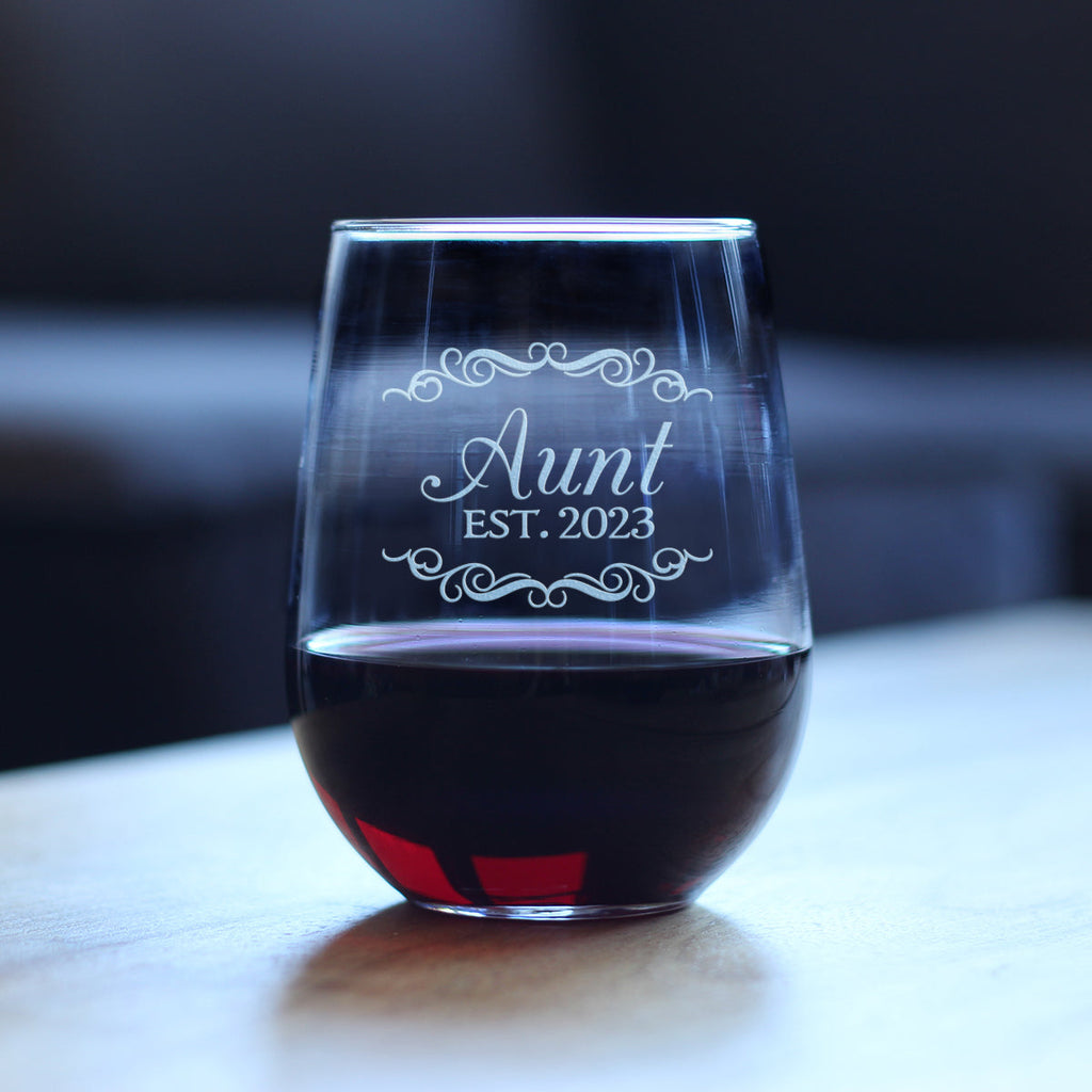 Aunt Est. 2023 - Decorative- 17 Ounce Stemless Wine Glass