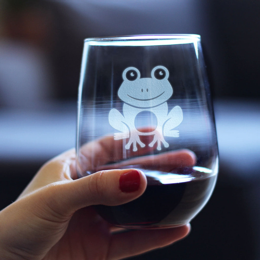 Happy Frog - Stemless Wine Glass - Cute Themed Gifts and Decor for Frog Lovers - Large 17 Oz