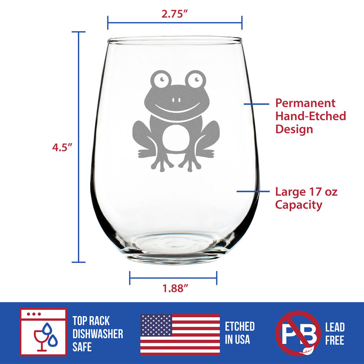 Happy Frog - Stemless Wine Glass - Cute Themed Gifts and Decor for Frog Lovers - Large 17 Oz