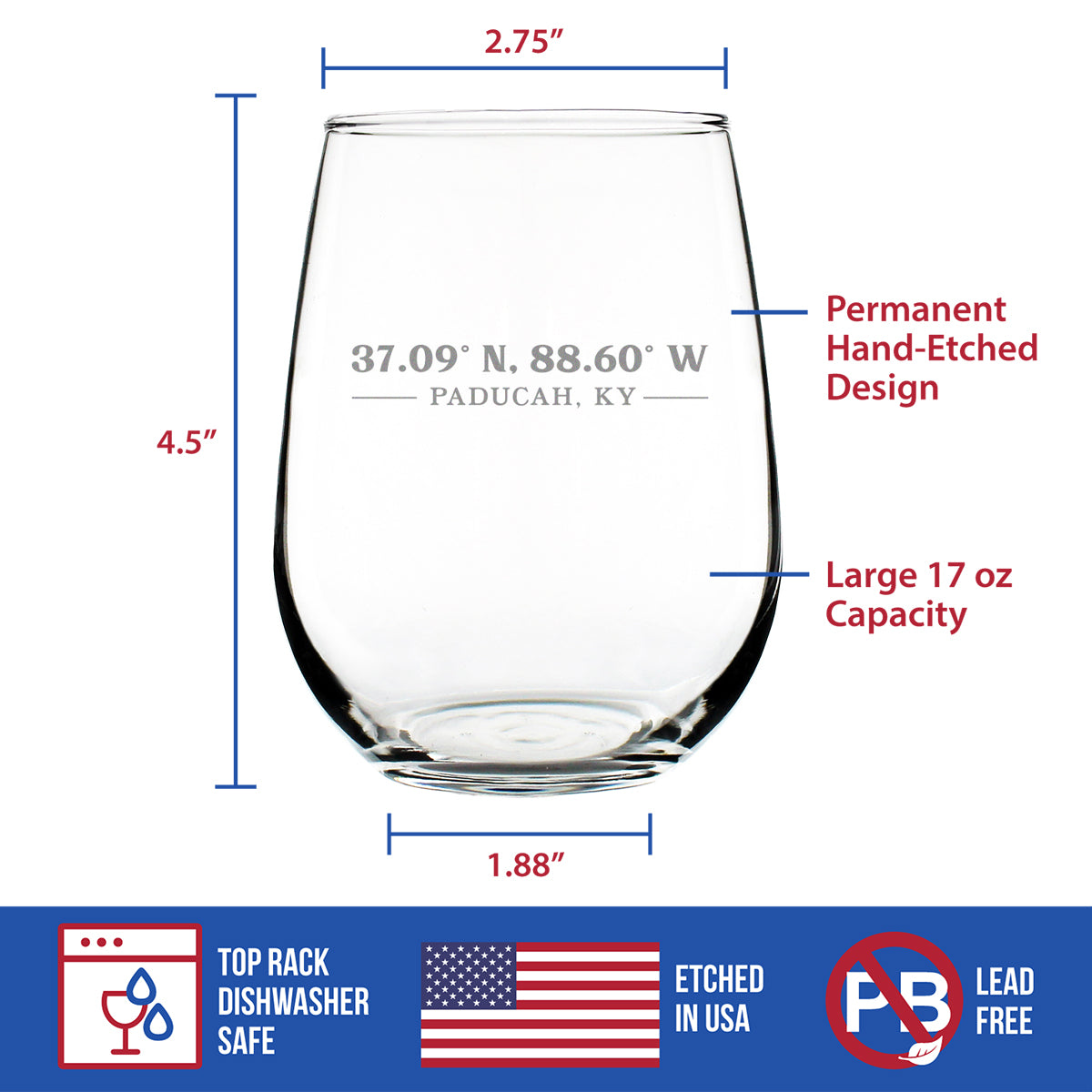 Paducah KY Coordinates - 17 Ounce Stemless Wine Glass
