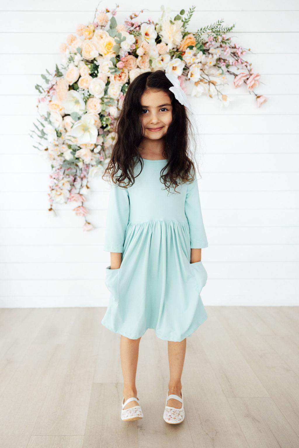 Sage 3/4 Sleeve Pocket Twirl Dress