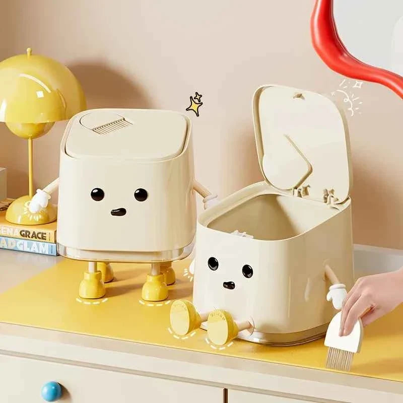 Cute Push-On Mini Trash Can Brush Compact Desktop Can