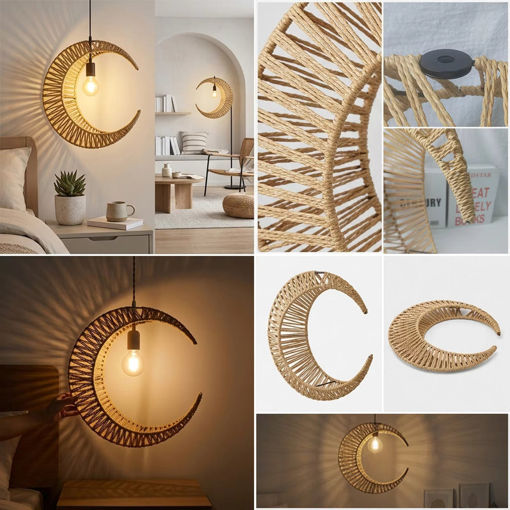 Handcrafted Crescent Moon Natural Hemp Pendant Light | Woven Hanging Lamp