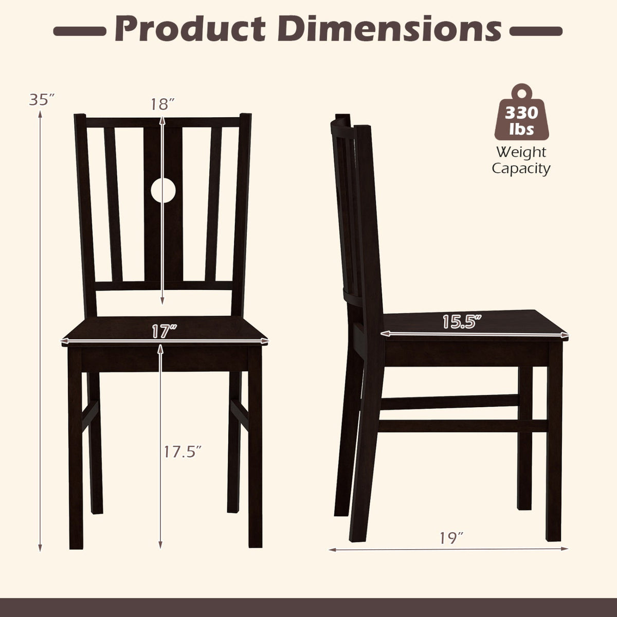 Solid Rubber Wood Dining Chairs Set of 2 with Slatted Back