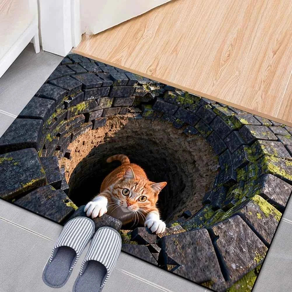 3D Optical Illusion Cat Round Hole Door Mat Daily Home Room