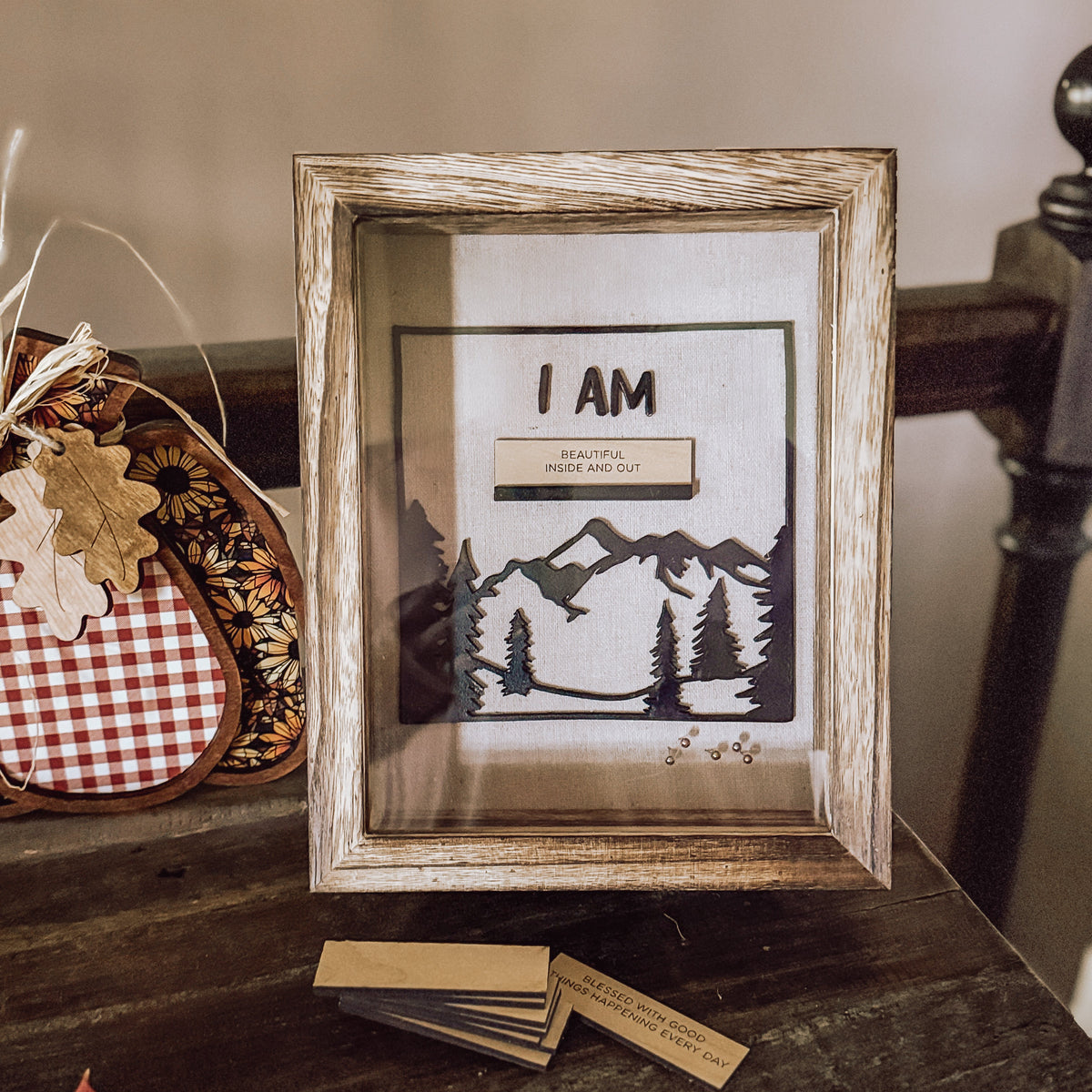Rustic Affirmation Shadow Box with 10 Engraved Cards