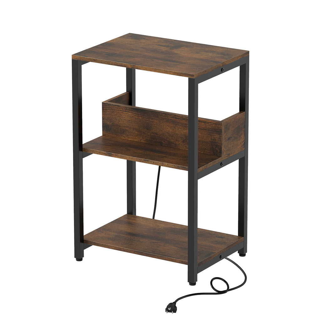 Side End Table with Charging Station and Open Shelves-Rustic Brown