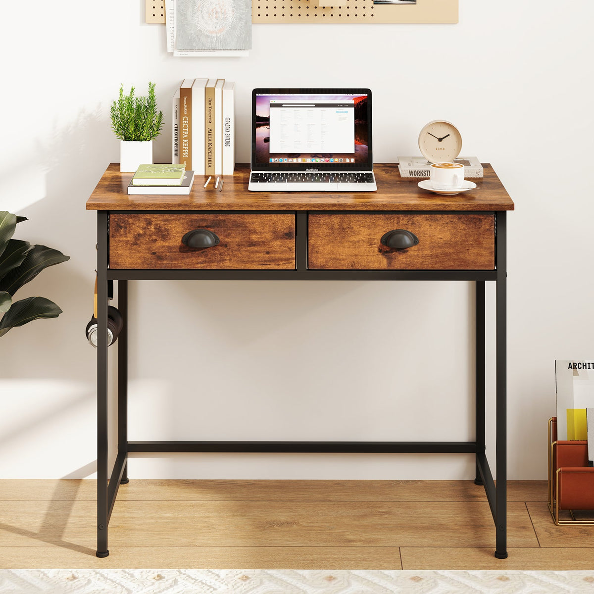Space Saving Home Office Desk with 2 Fabric Drawers and 4 Hanging Hooks