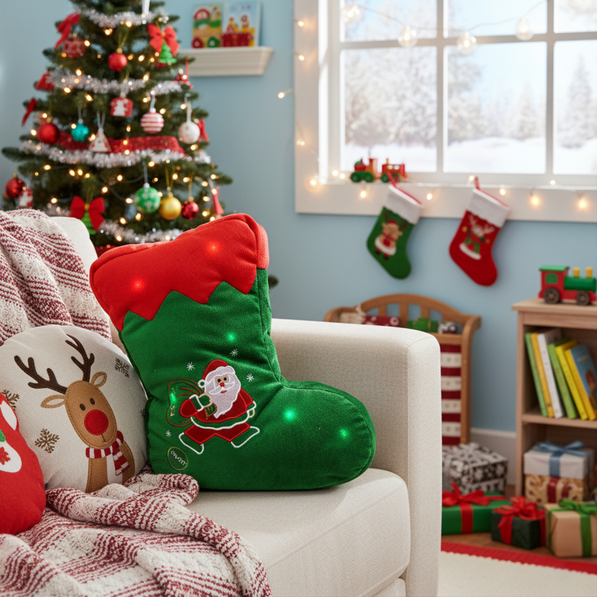 Tache Squishy Light Up Cute Christmas Santa Stocking Microbead LED Throw Pillow
