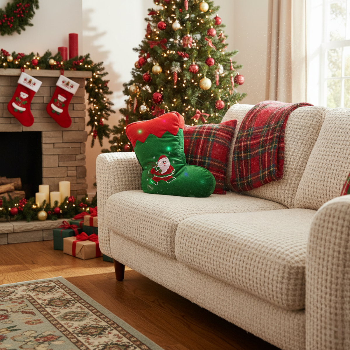 Tache Squishy Light Up Cute Christmas Santa Stocking Microbead LED Throw Pillow