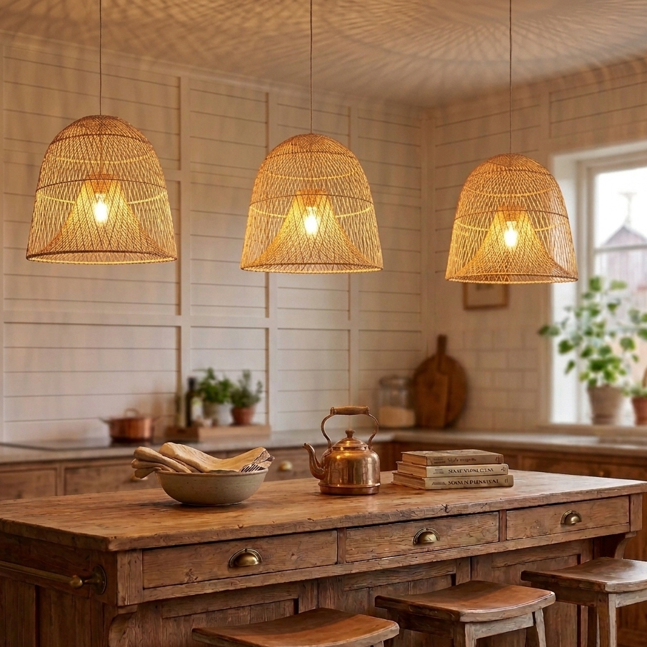 Handwoven Wabi-Sabi Rattan Bell Pendant Light | Minimalist Hanging Lamp