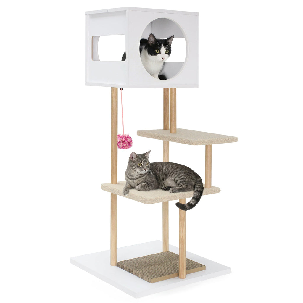 Tall Wood Cat Tower with 2 Corrugated Cardboard-White