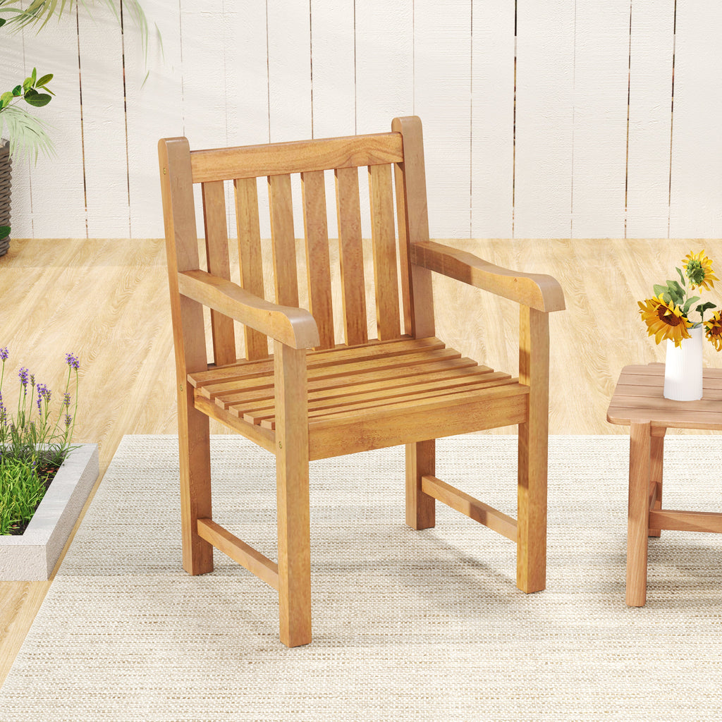 Teak Wood Patio Dining Chair with Slatted Seat Backrest and Solid Legs