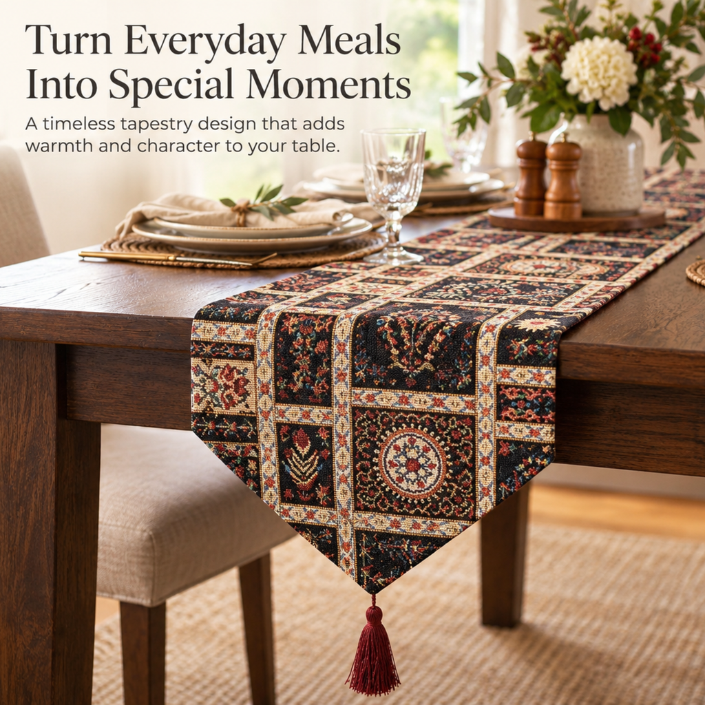DaDalogy Bedding Elegant Woven Mughal Floral Tapestry Table Runner, Dark Noir Botanical Vintage Fleur (18197)