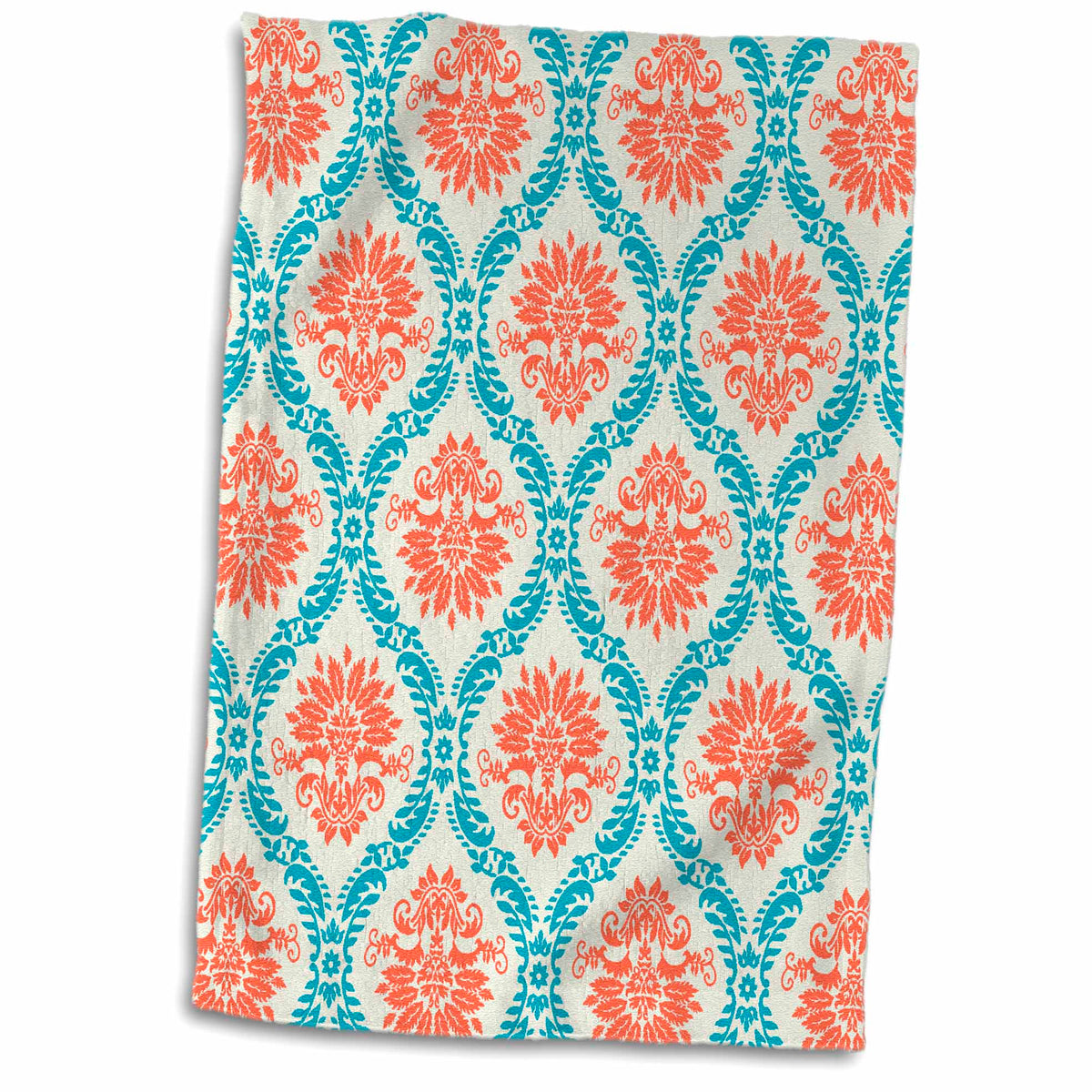 3dRose Dooni Designs Tangerine Orange and Aqua Blue Ornate Damask Pattern - Towels (twl-116412)