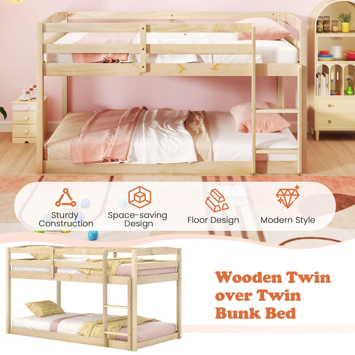 Twin Size Bunk Bed with High Guardrails and Integrated Ladder