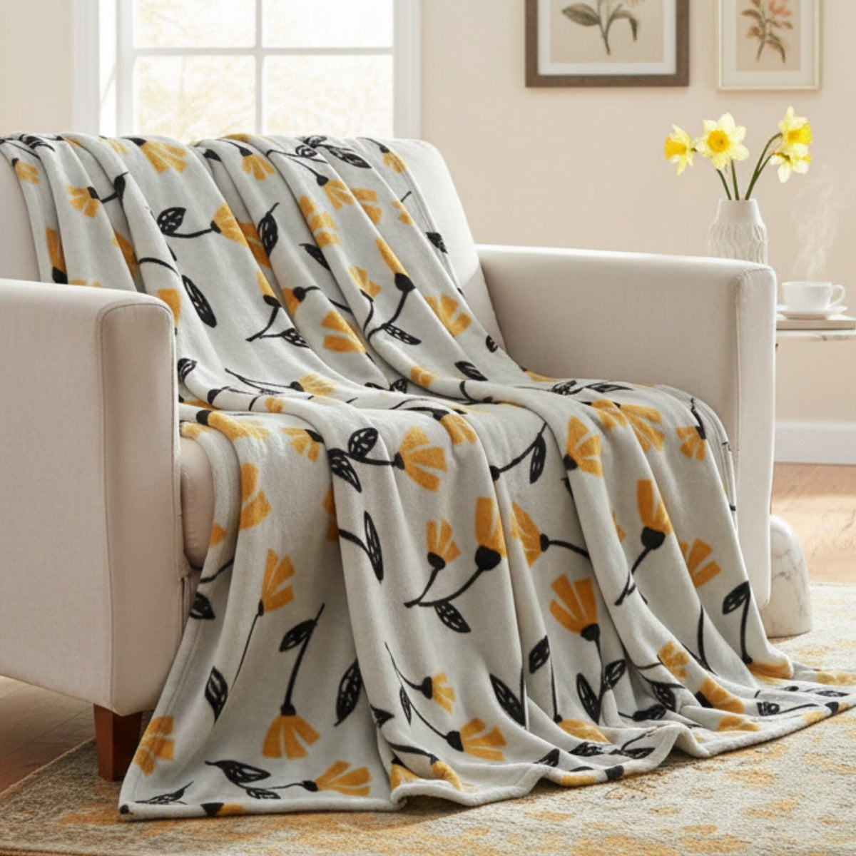 DaDa Bedding Soft Lightweight Fleece Throw Blanket, Yellow Fleur Floral Golden Orange Silver/Grey Background (XY1011)