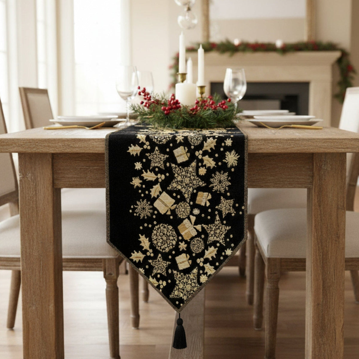 DaDa Bedding Magical Golden Reindeer Woven Tapestry Dining Table Runner (18272)