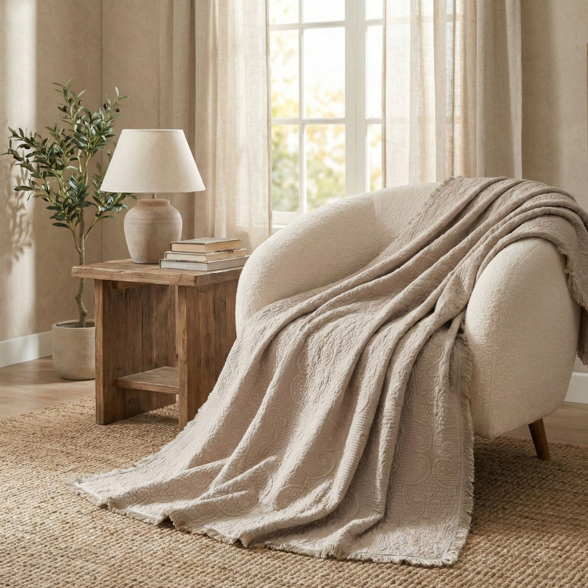 DaDa Bedding Elegant Fringed Cotton Quilted Throw Blanket - Luxurious Solid Soft Paisley Pattern, Cozy Lightweight Lap Throw, Perfect for Couch or Bed, Neutral Sandy Taupe Tan Beige, 50x60 Inches