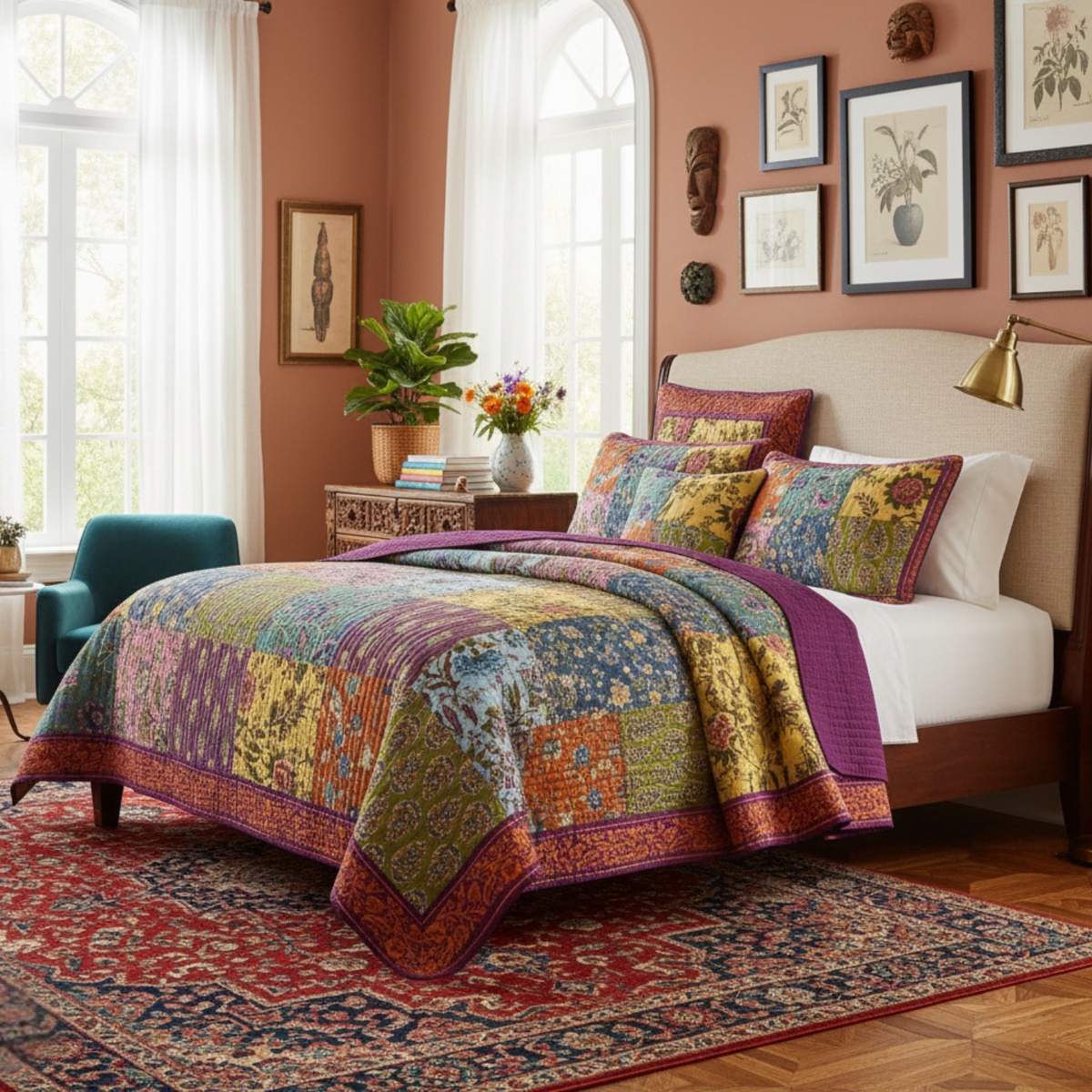 Tache Cotton Bohemian Carnival Garden Quilted Patchwork Bedspread Set (JHW-676)