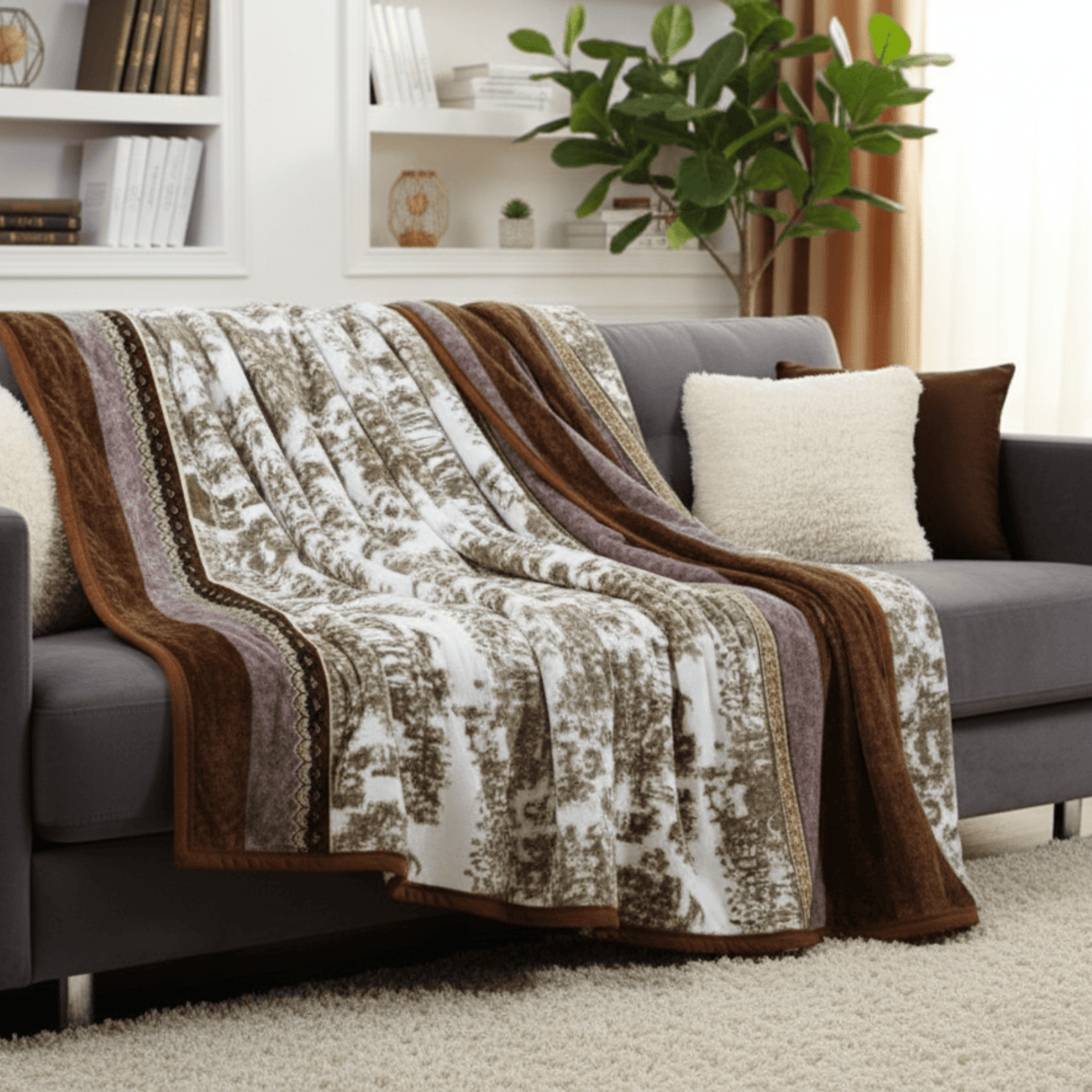 DaDa Bedding Elegant Twilight Lavender Brown Floral Flannel Mink Fleece Throw Blanket (XY9879)