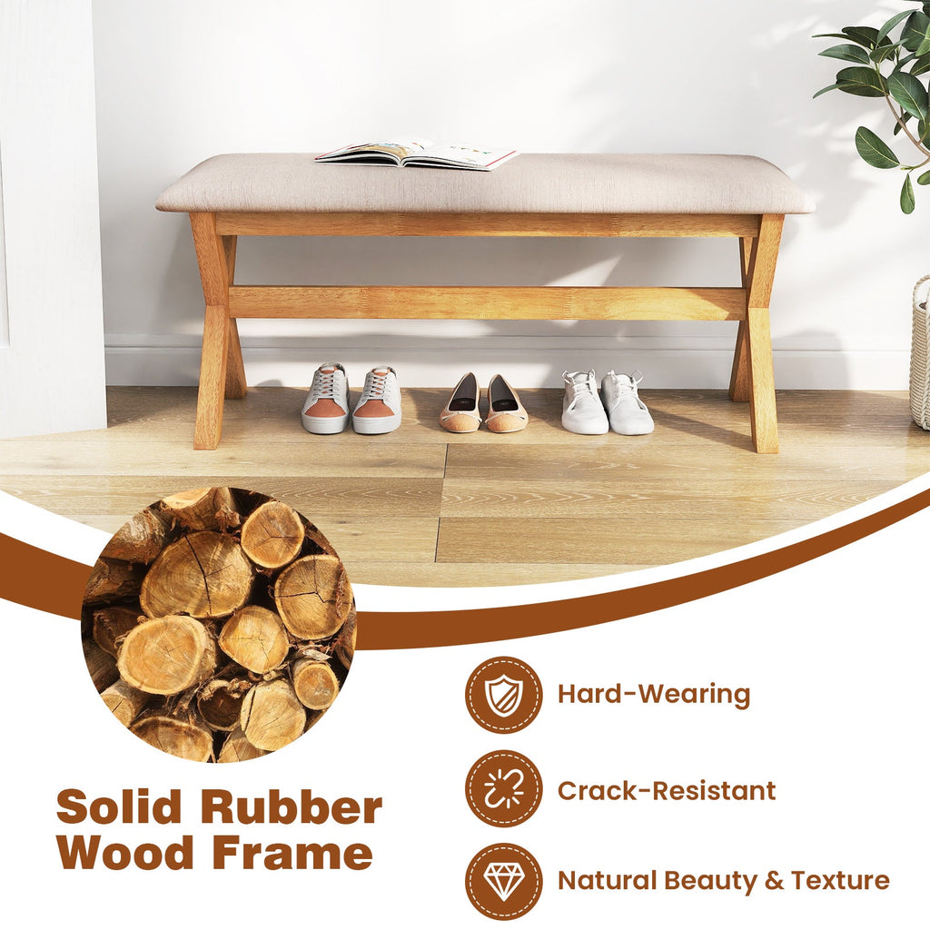 Upholstered Entryway Bench Rubber Wood Bench with Thick Padded Seat-Natural