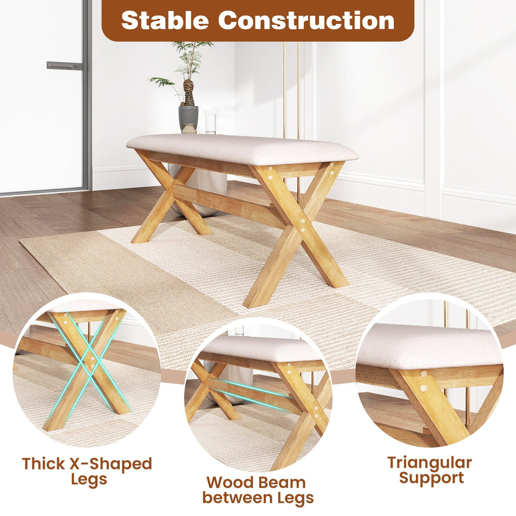 Upholstered Entryway Bench Rubber Wood Bench with Thick Padded Seat-Natural