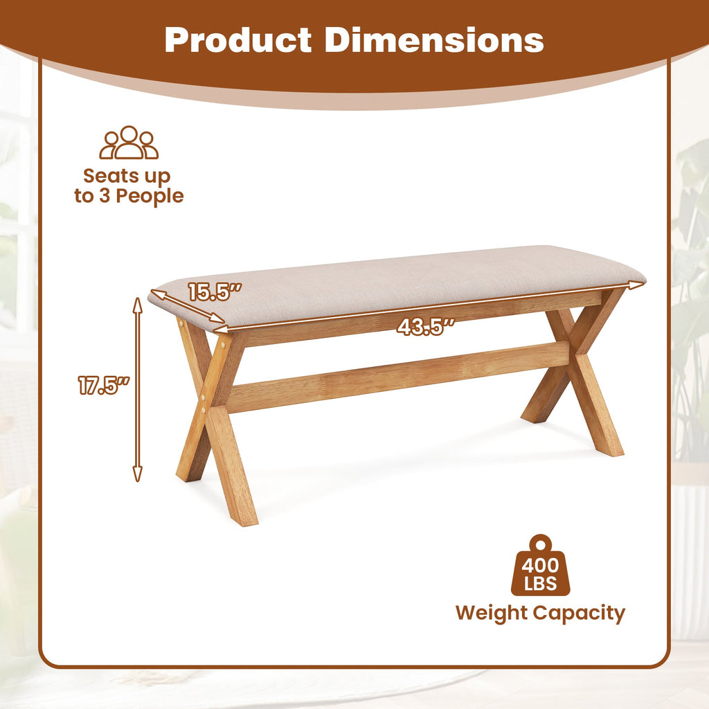 Upholstered Entryway Bench Rubber Wood Bench with Thick Padded Seat-Natural