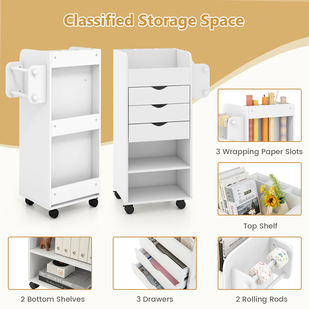Utility Trolley with Open Shelves and 3 Drawers-White