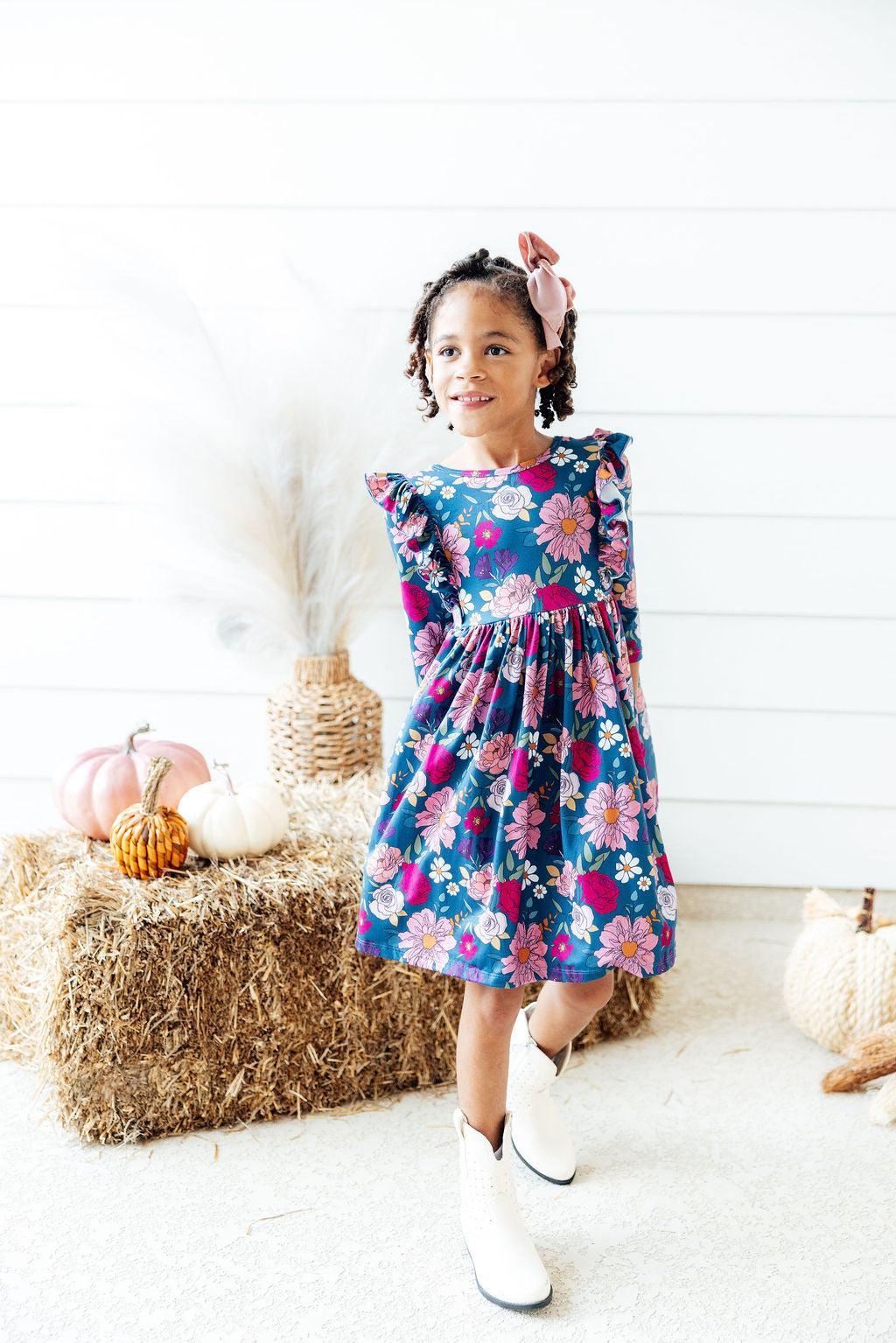 Vintage Garden 3/4 Sleeve Ruffle Twirl Dress