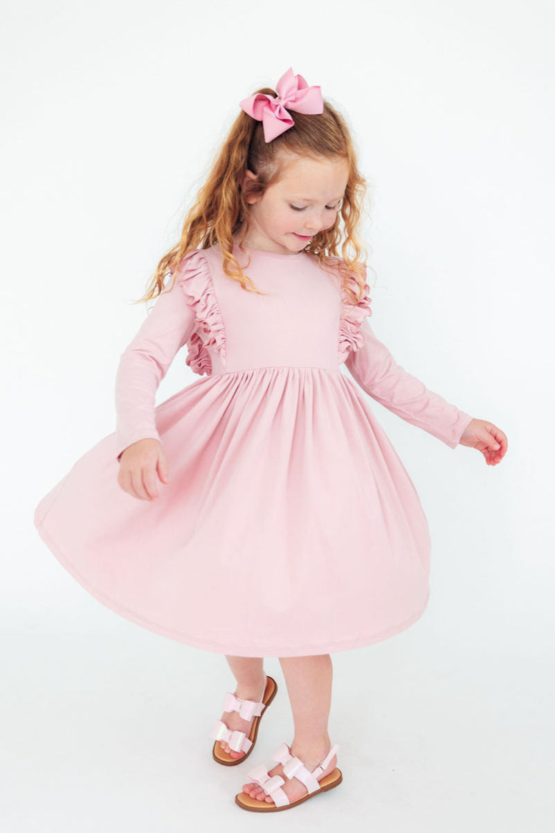 Vintage Pink L/S Ruffle Twirl Dress