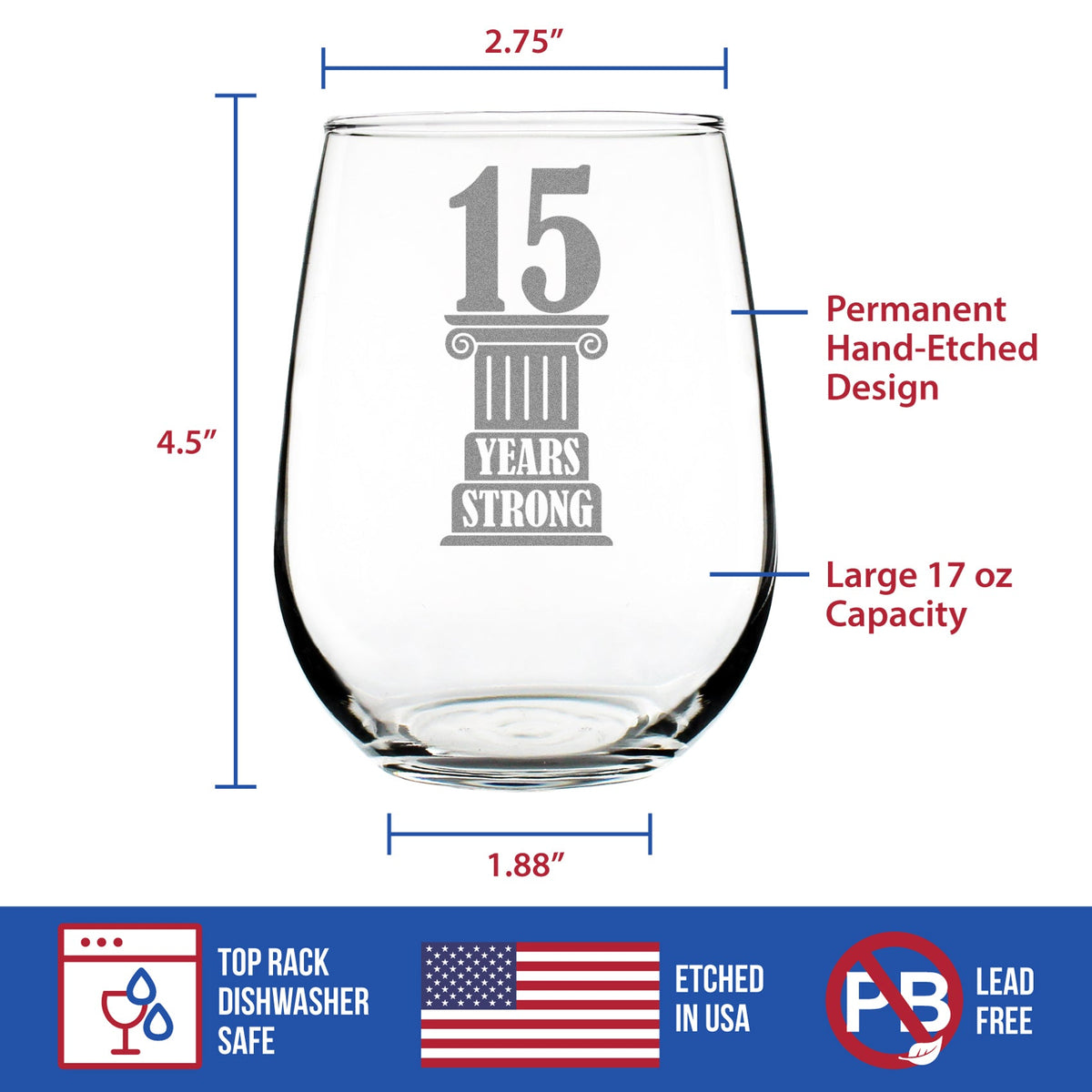 15 Years Strong Engraved Stemless Wine Glass Gifts 15th Anniversary Party Decor Large Wine Glasses - 17 oz