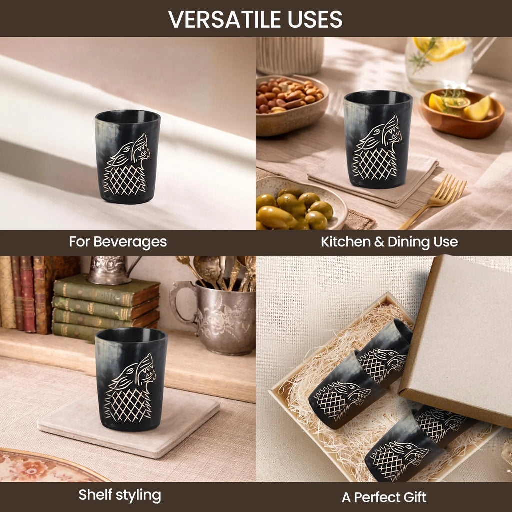 Whiskey Shot Cups Set Viking Wolf Pattern Real Ox Horn 6.5 oz, Pack 4, 8 & 12
