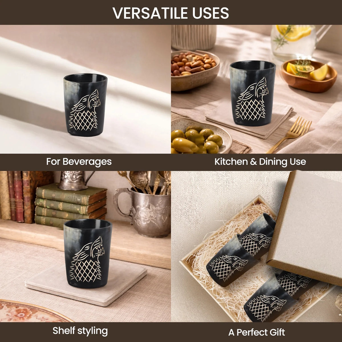 Whiskey Shot Cups Set Viking Wolf Pattern Real Ox Horn 6.5 oz, Pack 4, 8 & 12