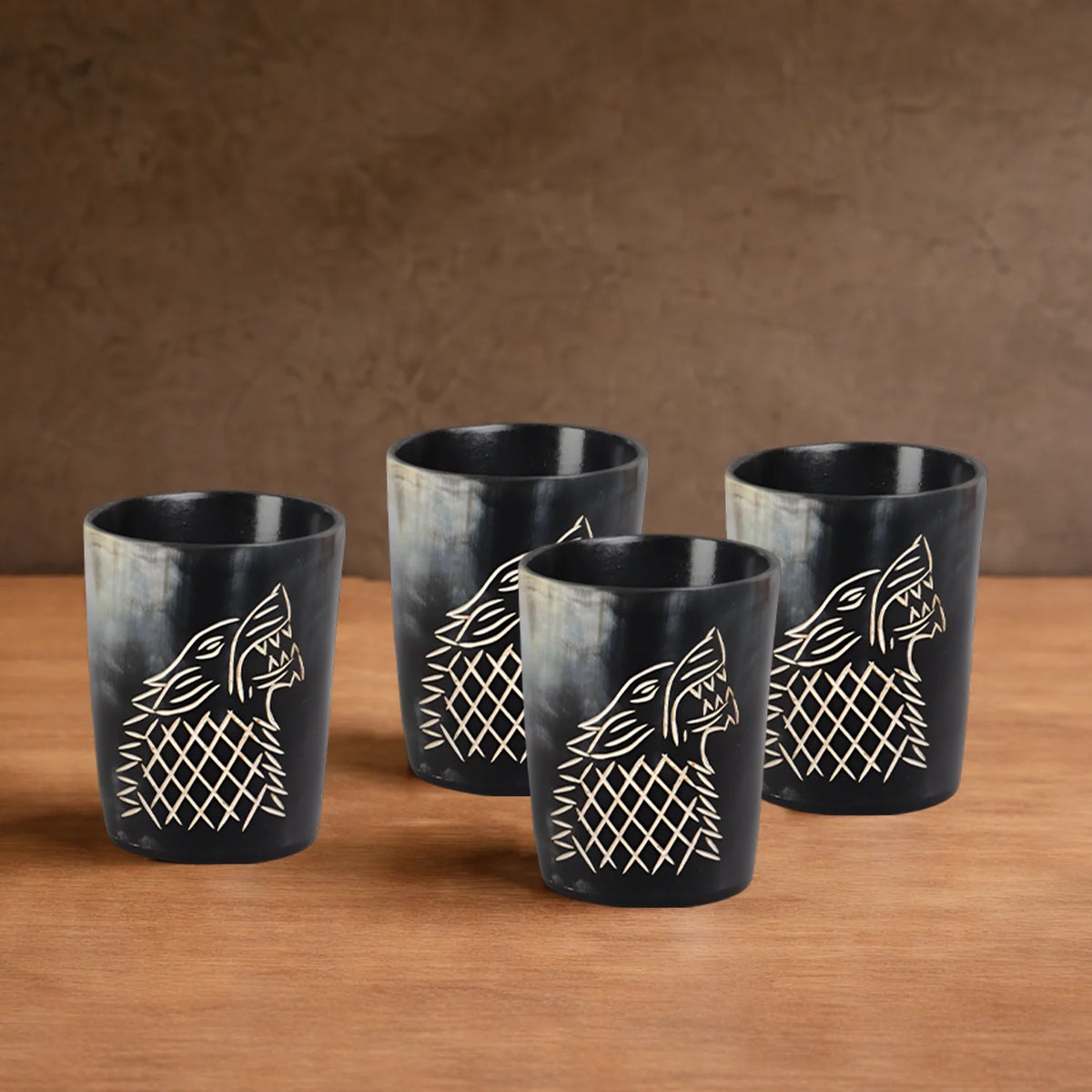 Whiskey Shot Cups Set Viking Wolf Pattern Real Ox Horn 6.5 oz, Pack 4, 8 & 12