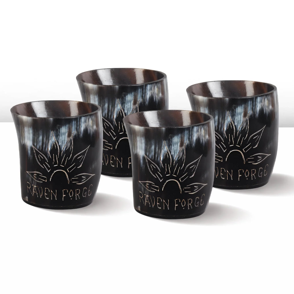 Whiskey Shot Cups Set Sunburst Pattern Real Ox Horn 6.5 oz, Pack 4, 8 & 12